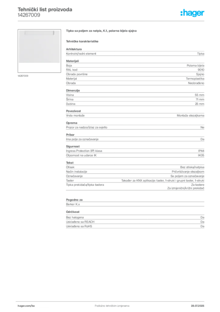 Slika Hager Product data sheet 14267009  | Hager