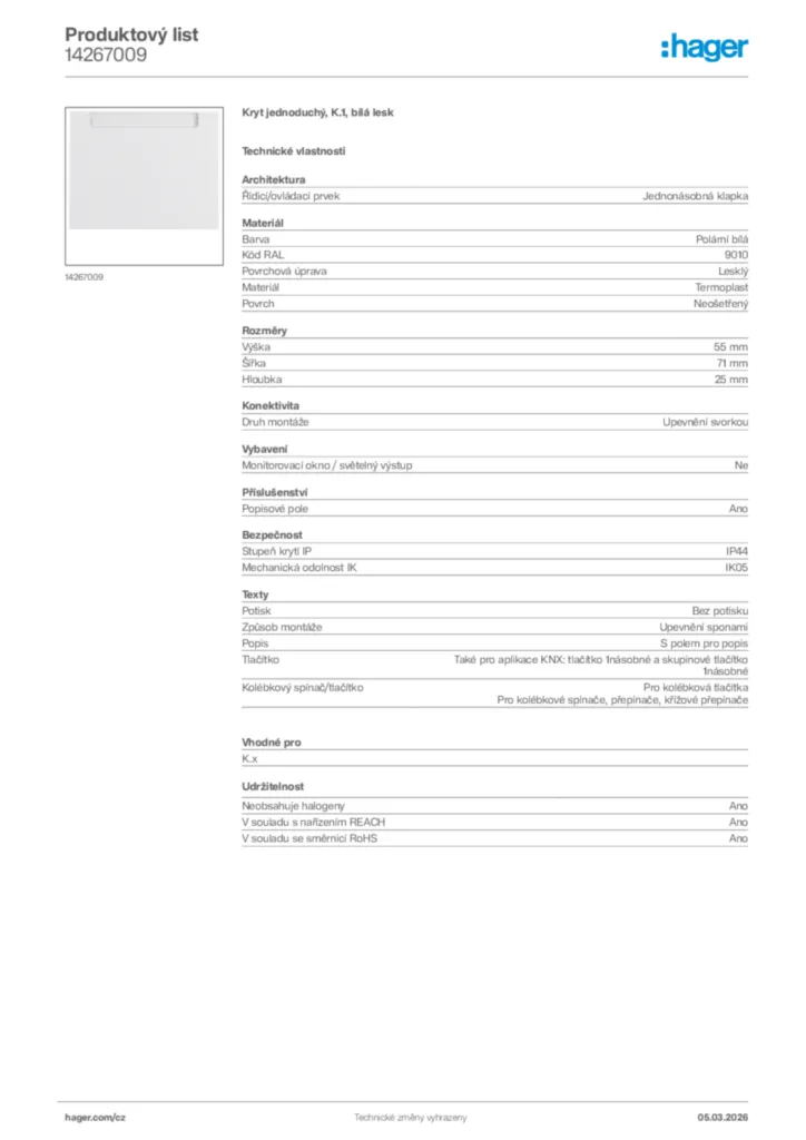 Obrázek Hager Product data sheet 14267009 | Hager