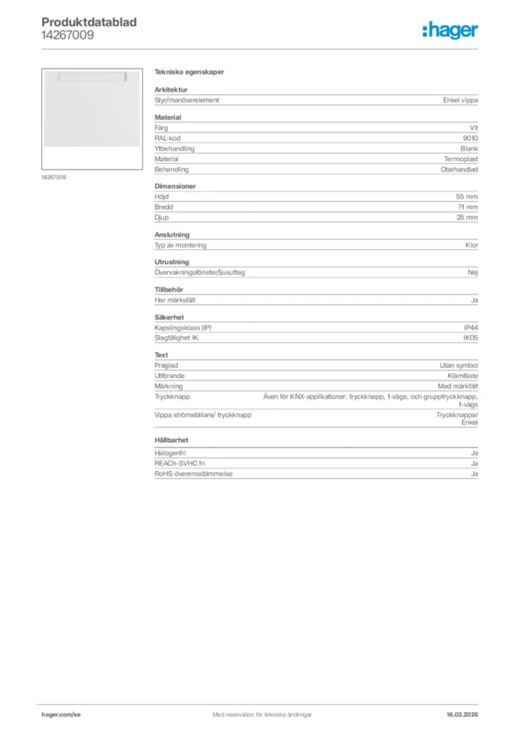 Bild Hager Produktdatablad 14267009 | Hager Sverige