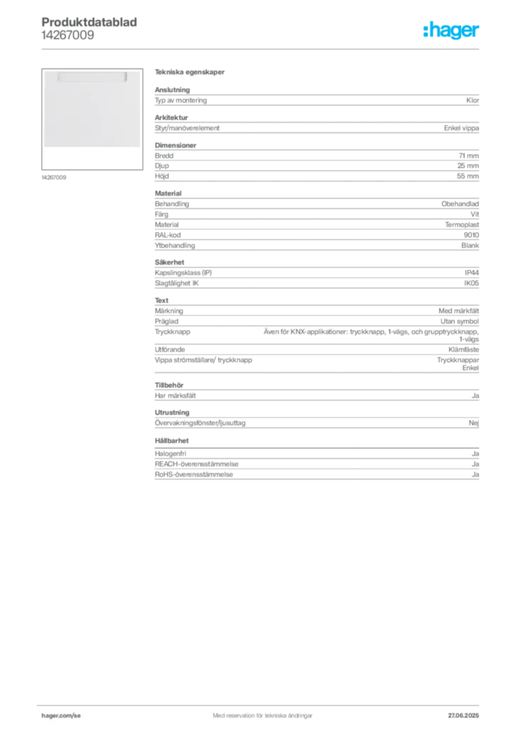 Bild Hager Produktdatablad 14267009 | Hager Sverige