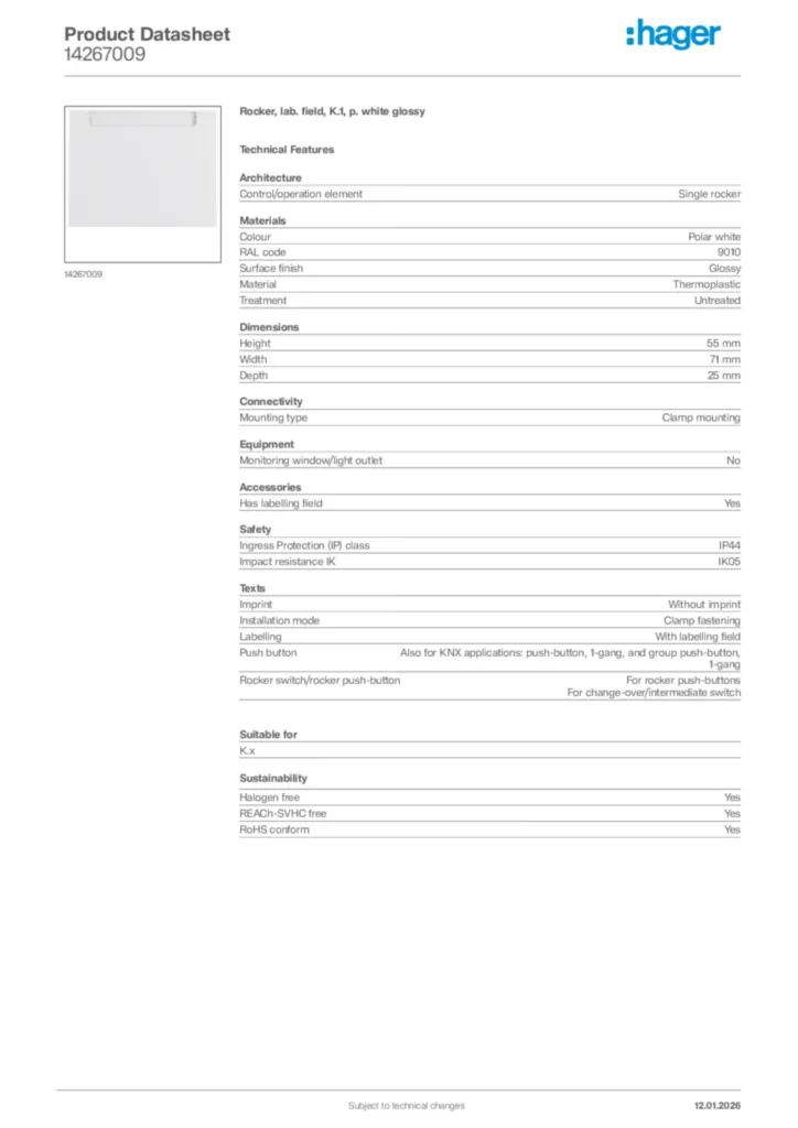Image Hager Product data sheet 14267009  | Hager