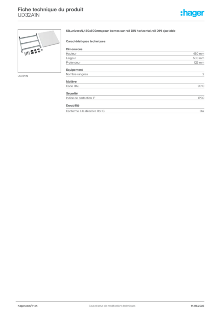 Image Hager Fiche technique du produit UD32A1N | Hager Suisse