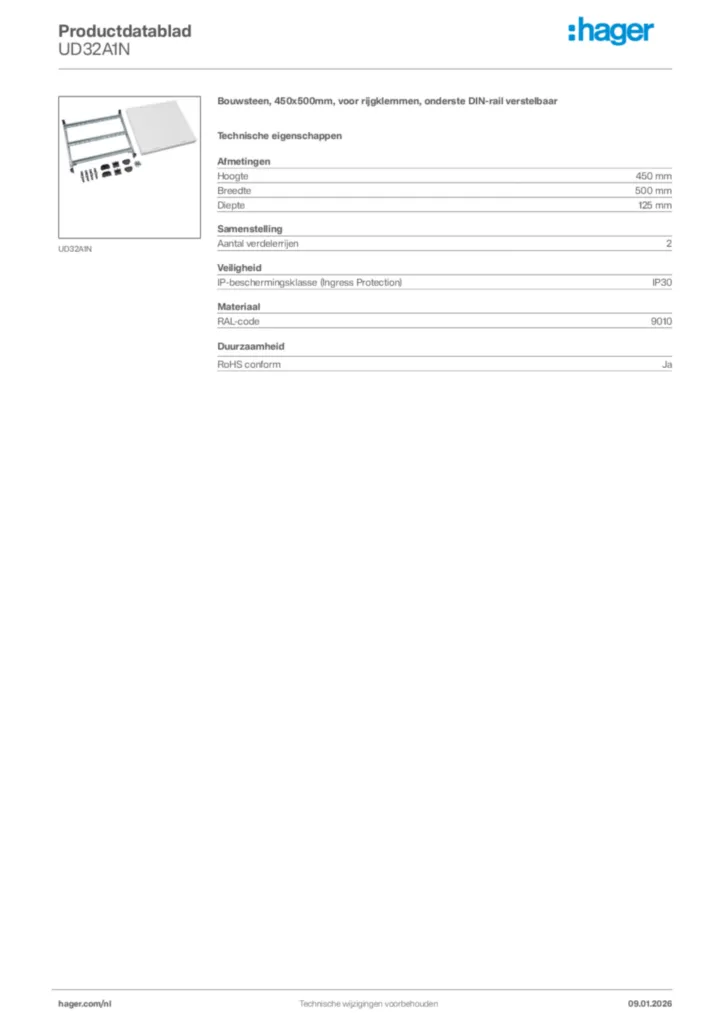 Afbeelding Hager Productdatablad UD32A1N | Hager Nederland