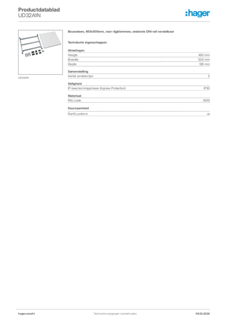 Afbeelding Hager Productdatablad UD32A1N | Hager Nederland