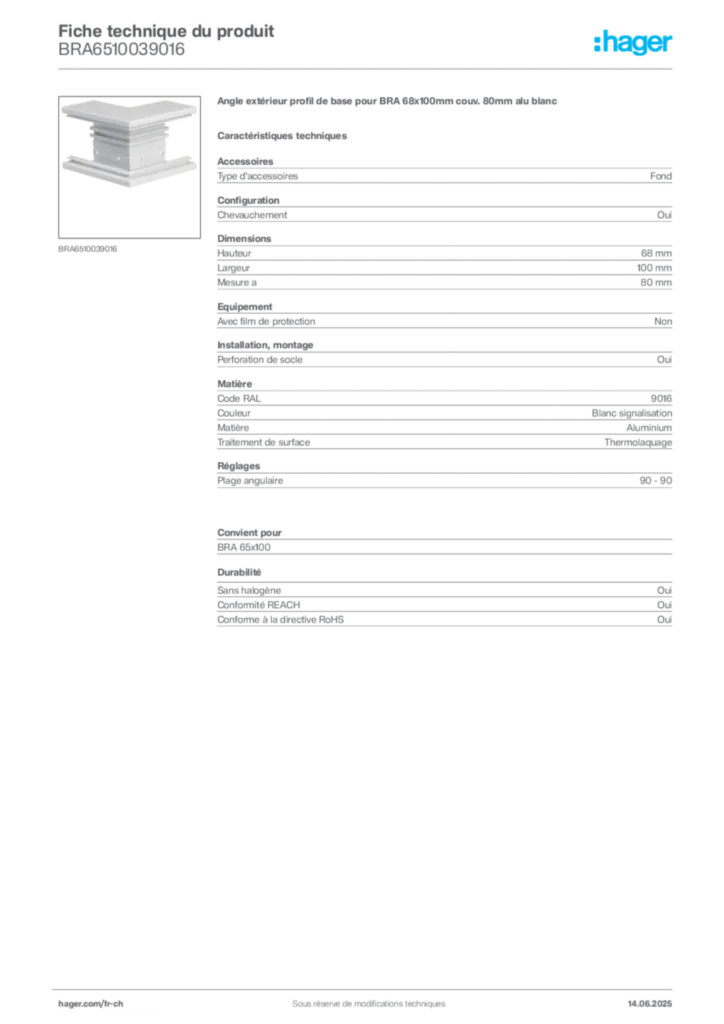 Image Hager Fiche technique du produit BRA6510039016 | Hager Suisse