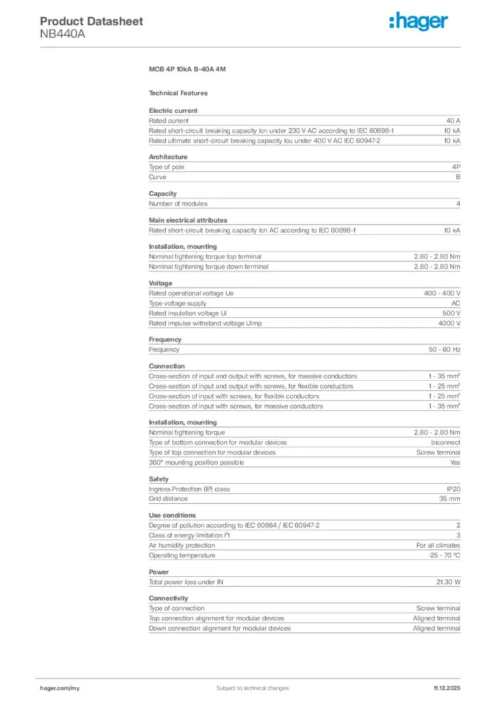 Image Hager Product data sheet NB440A  | Hager
