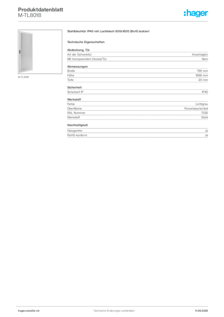 Bild Hager Produktdatenblatt M-TL8018 | Hager Schweiz