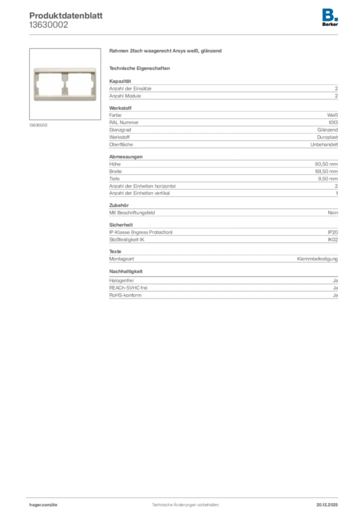 Bild Berker Produktdatenblatt 13630002 | Hager Deutschland