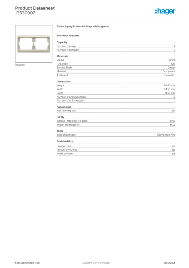 Image Hager Product data sheet 13630002  | Hager