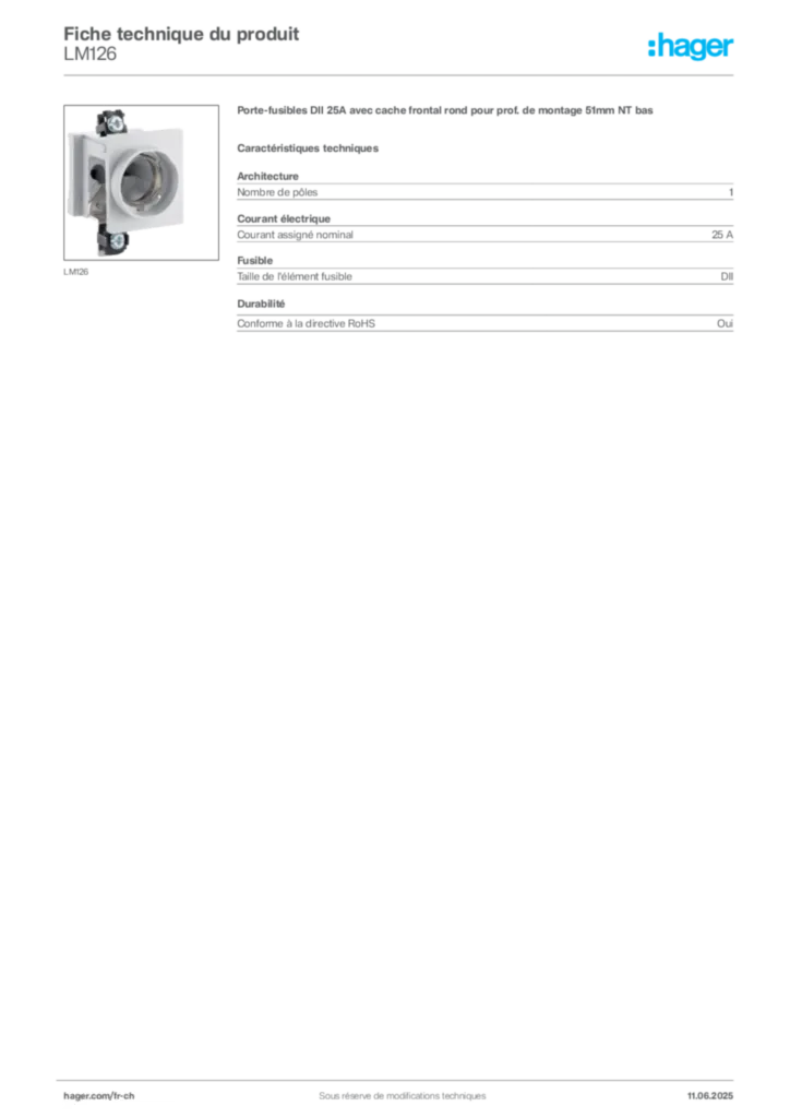 Image Hager Fiche technique du produit LM126 | Hager Suisse