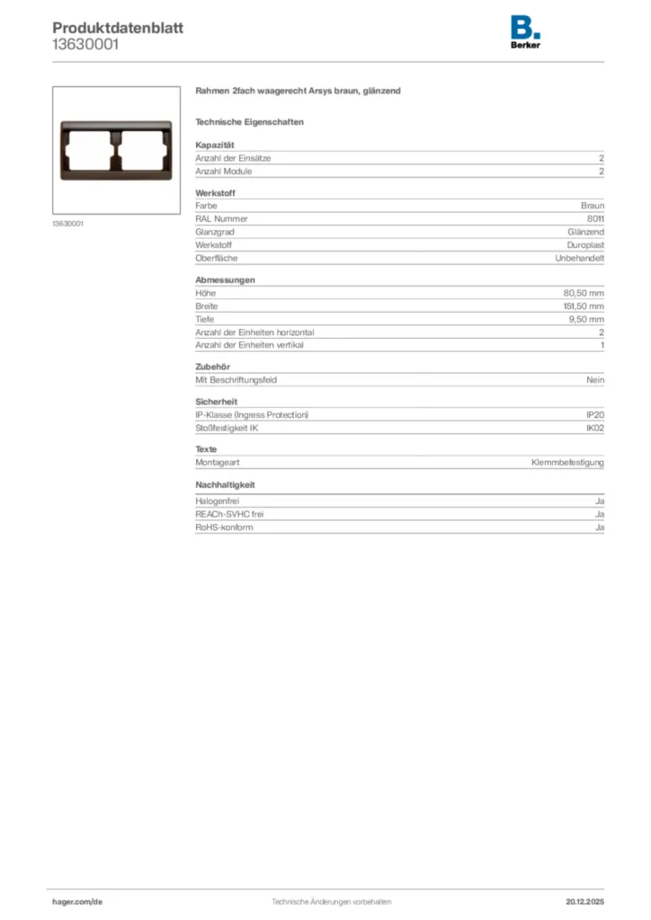 Bild Berker Produktdatenblatt 13630001 | Hager Deutschland