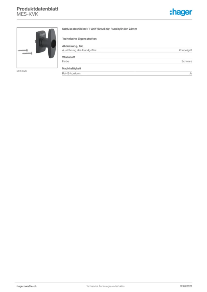 Bild Hager Produktdatenblatt MES-KVK | Hager Schweiz