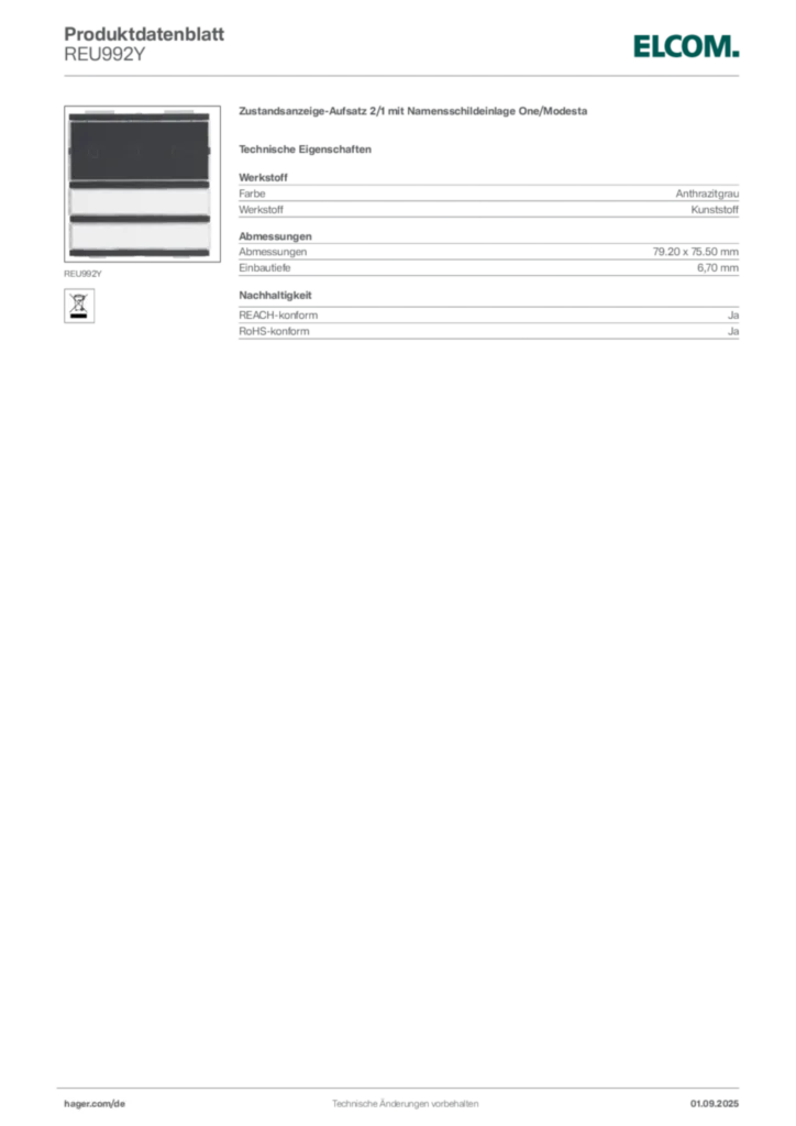 Bild Elcom Produktdatenblatt REU992Y | Hager Deutschland