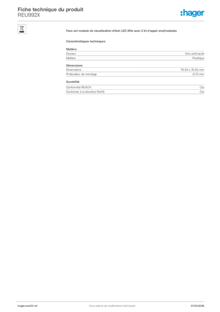 Image Hager Fiche technique du produit REU992X | Hager Suisse