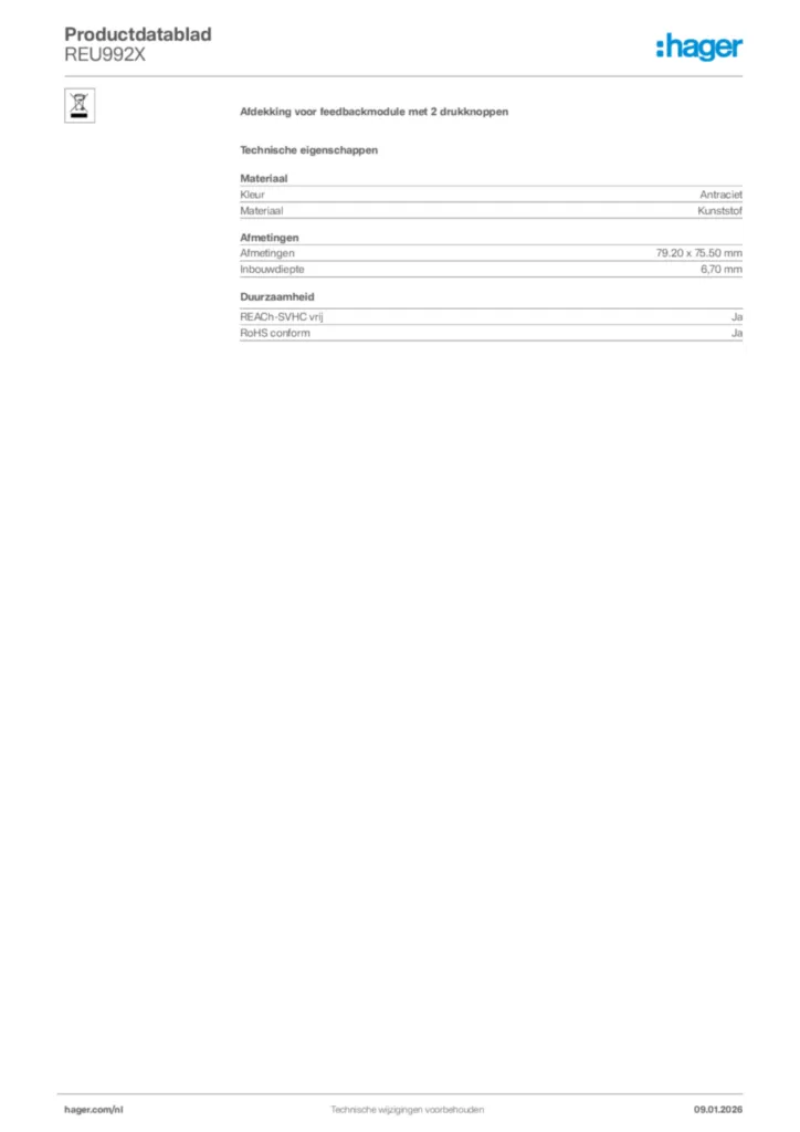 Afbeelding Hager Productdatablad REU992X | Hager Nederland