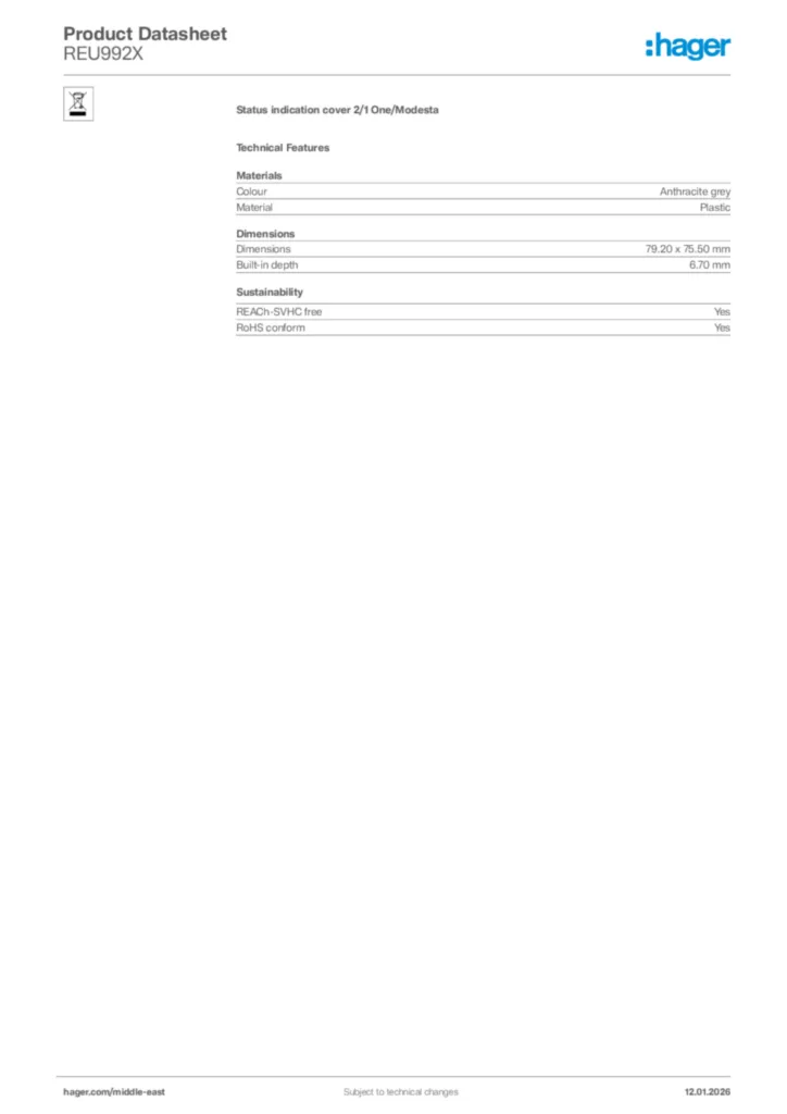 Image Hager Product data sheet REU992X  | Hager
