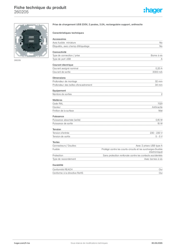 Image Hager Fiche technique du produit 260205 | Hager Belgique