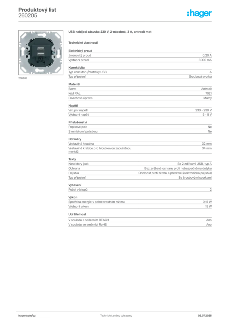 Obrázek Hager Produktový list 260205 | Hager