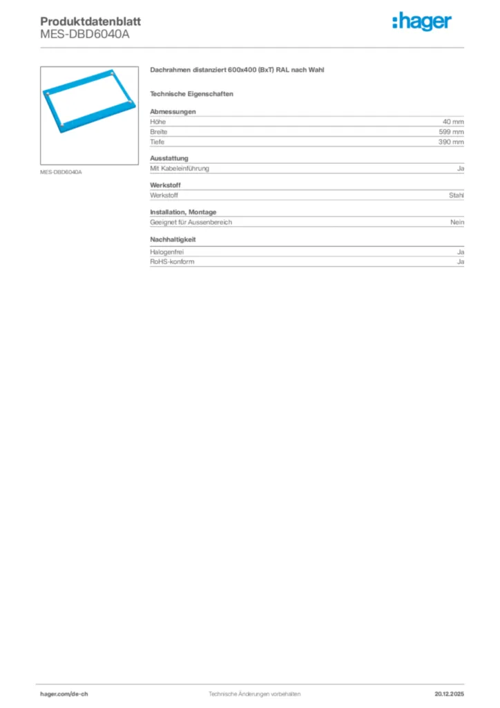 Bild Hager Produktdatenblatt MES-DBD6040A | Hager Schweiz