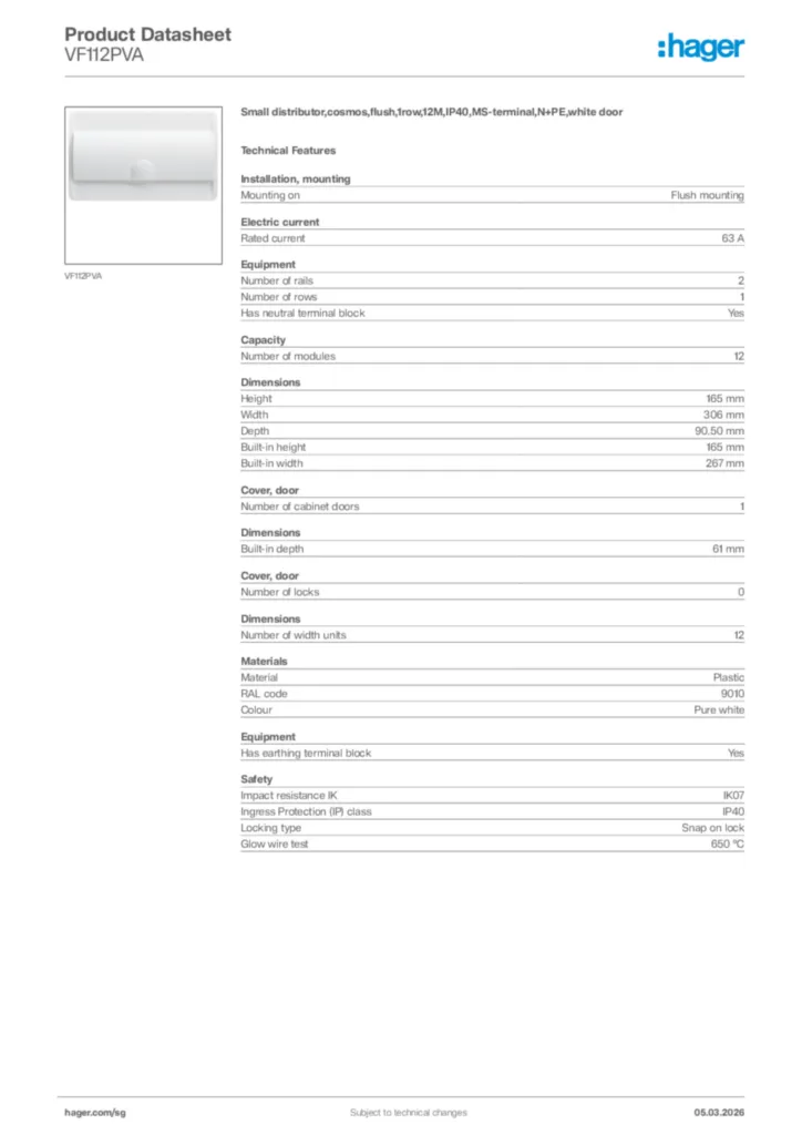 Image Hager Product data sheet VF112PVA  | Hager
