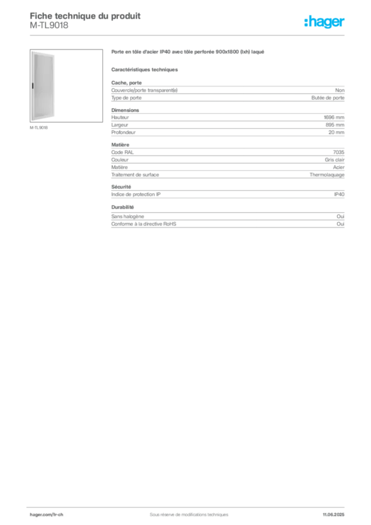 Image Hager Fiche technique du produit M-TL9018 | Hager Suisse