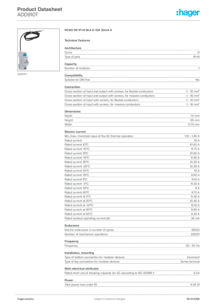 Image Hager Product data sheet ADD910T  | Hager New Zealand