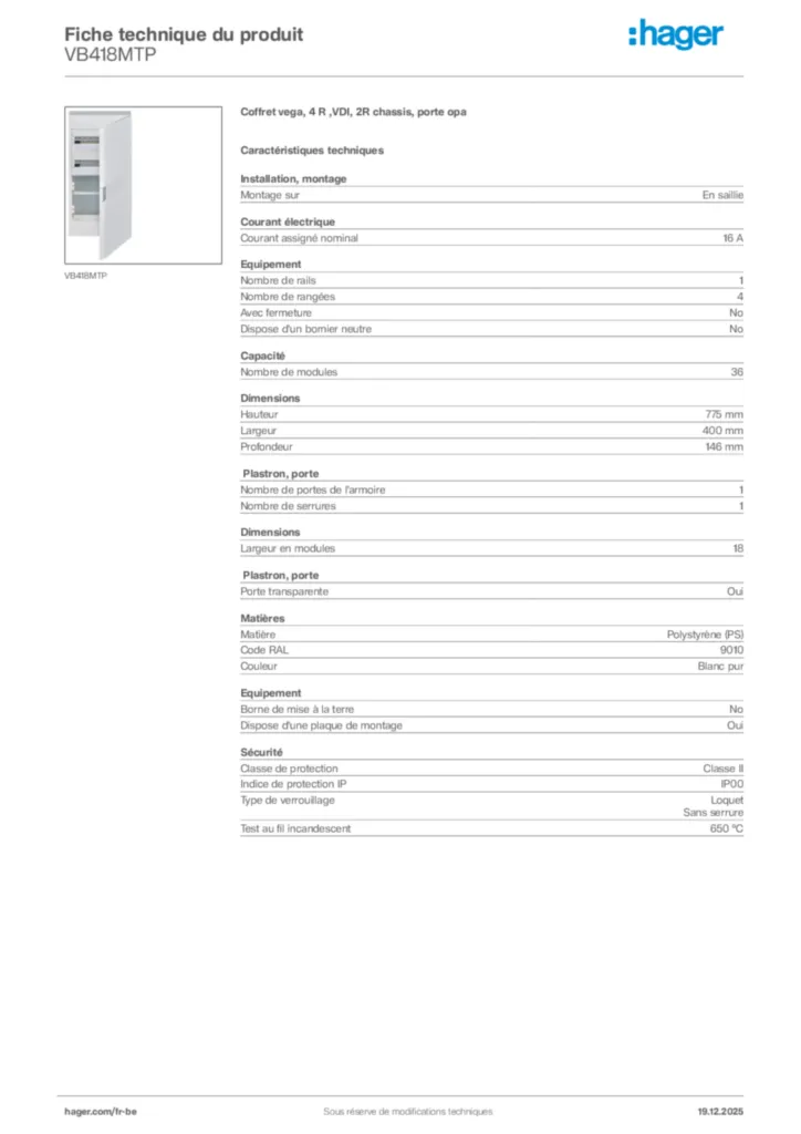 Image Hager Fiche technique du produit VB418MTP | Hager Belgique