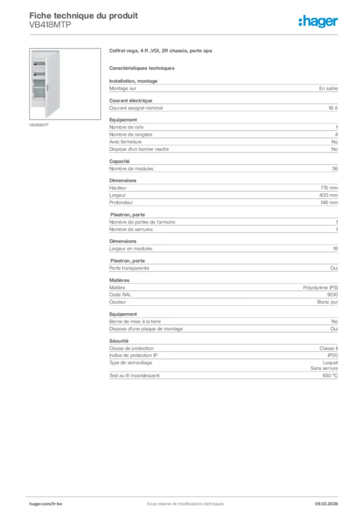 Image Hager Fiche technique du produit VB418MTP | Hager Belgique