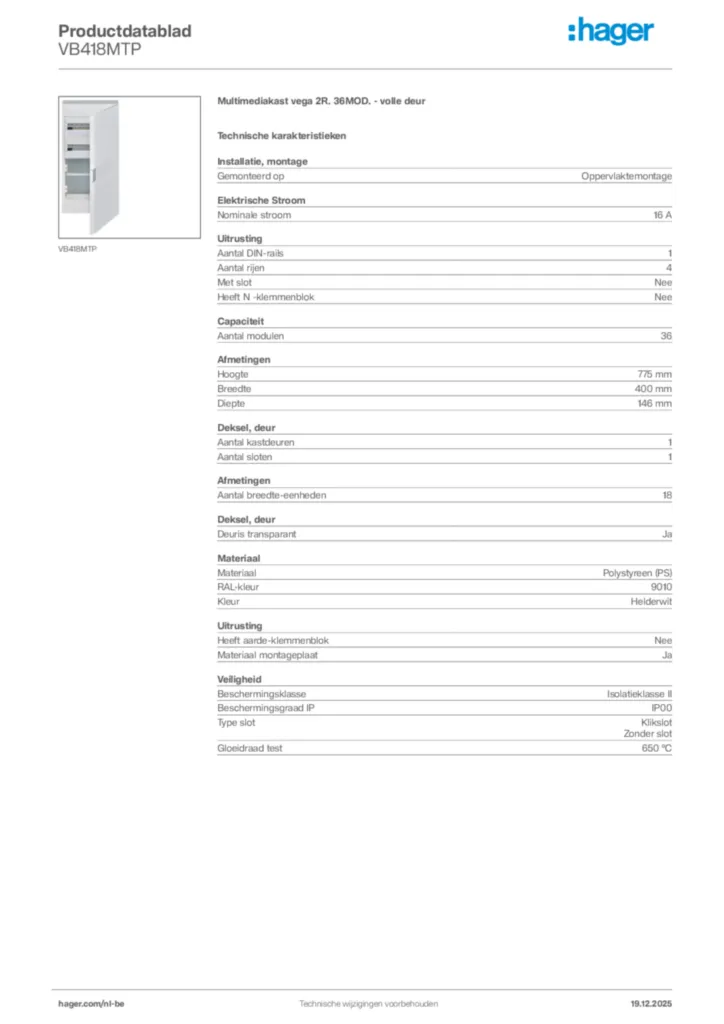 Afbeelding Hager Productdatablad VB418MTP | Hager Belgium