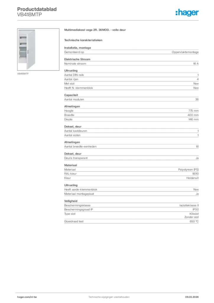 Afbeelding Hager Productdatablad VB418MTP | Hager Belgium