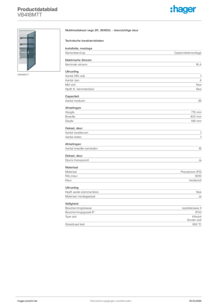 Afbeelding Hager Productdatablad VB418MTT | Hager Belgium
