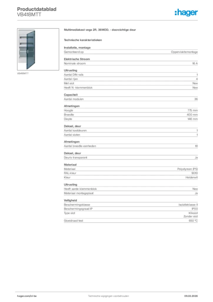 Afbeelding Hager Productdatablad VB418MTT | Hager Belgium