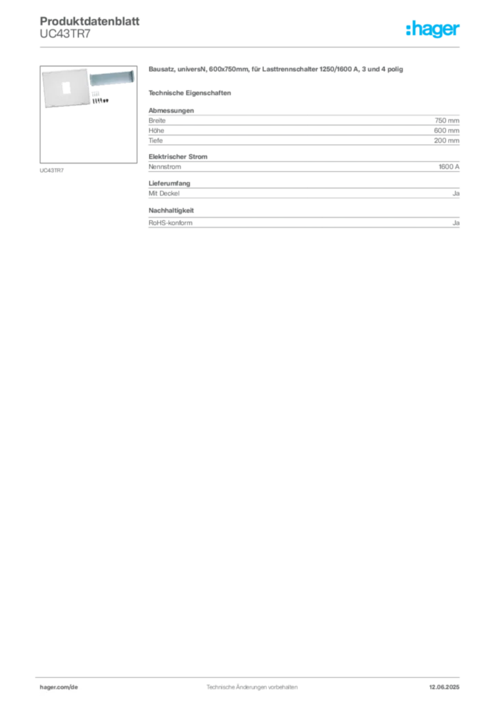 Bild Hager Produktdatenblatt UC43TR7 | Hager Deutschland