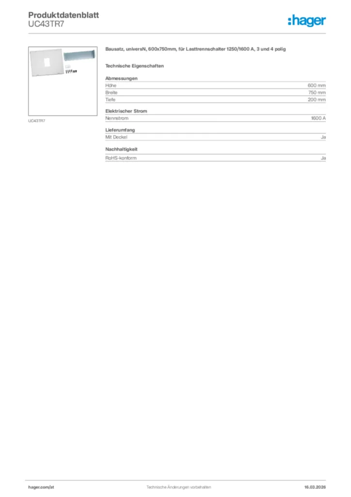 Bild Hager Produktdatenblatt UC43TR7 | Hager Deutschland
