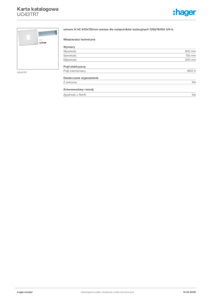 Zdjęcie Hager Karta katalogowa UC43TR7 | Hager Polska
