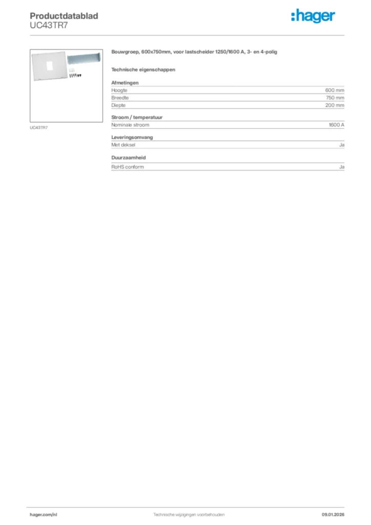 Afbeelding Hager Productdatablad UC43TR7 | Hager Nederland
