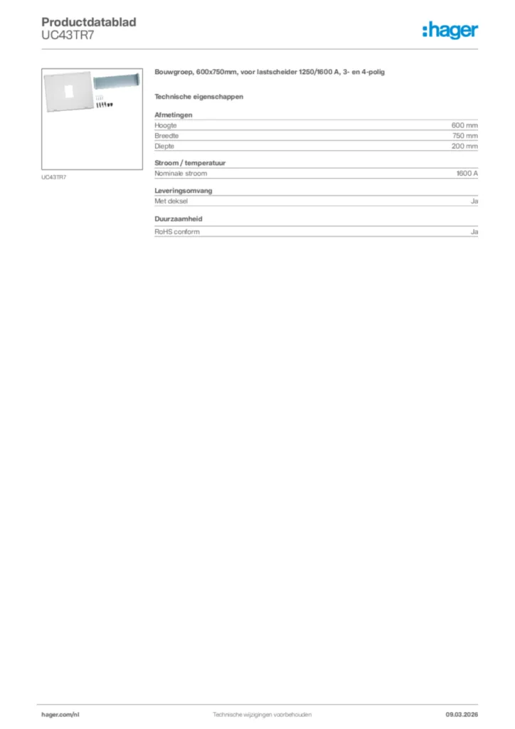 Afbeelding Hager Productdatablad UC43TR7 | Hager Nederland