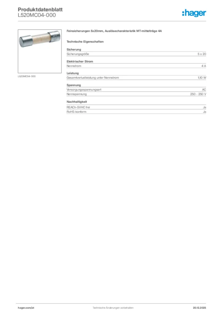Bild Hager Produktdatenblatt L520MC04-000 | Hager Deutschland