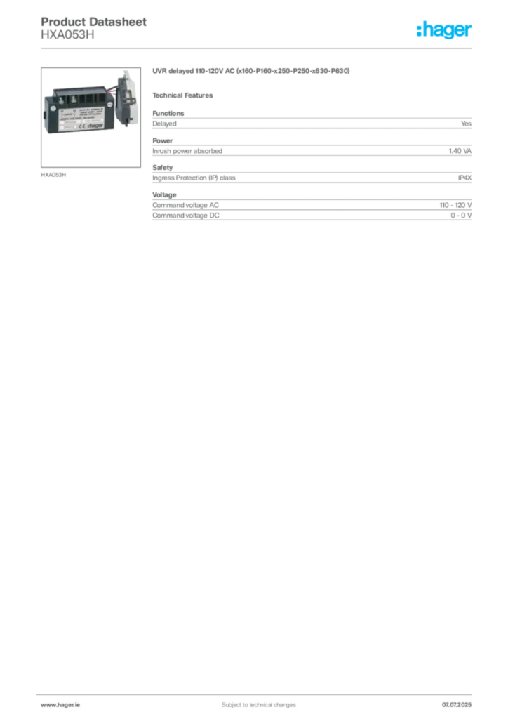 Image Hager Product data sheet HXA053H  | Hager