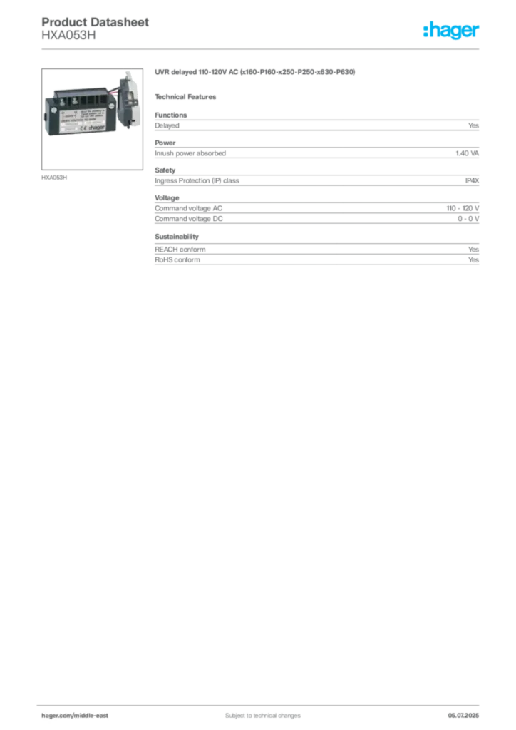 Image Hager Product data sheet HXA053H  | Hager