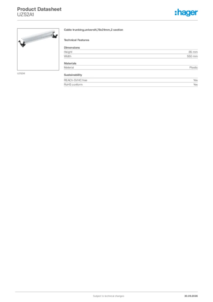 Image Hager Product data sheet UZ52A1  | Hager Africa