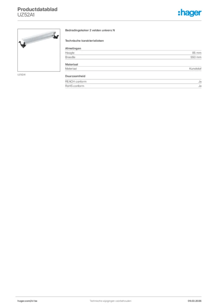 Afbeelding Hager Productdatablad UZ52A1 | Hager Belgium