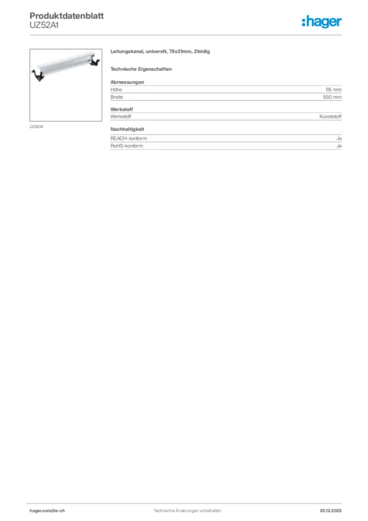 Bild Hager Produktdatenblatt UZ52A1 | Hager Schweiz
