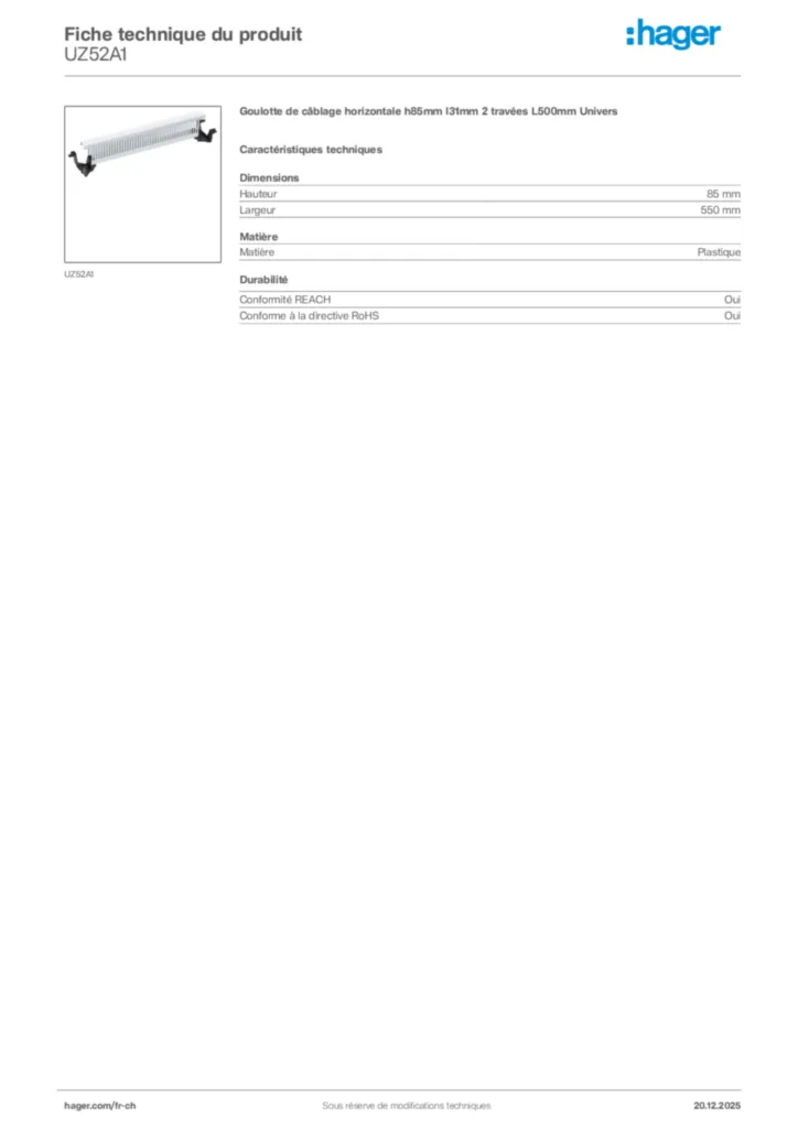 Image Hager Fiche technique du produit UZ52A1 | Hager Suisse
