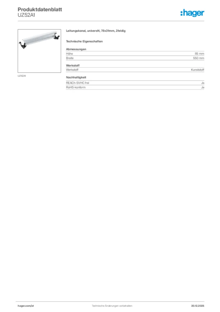 Bild Hager Produktdatenblatt UZ52A1 | Hager Deutschland