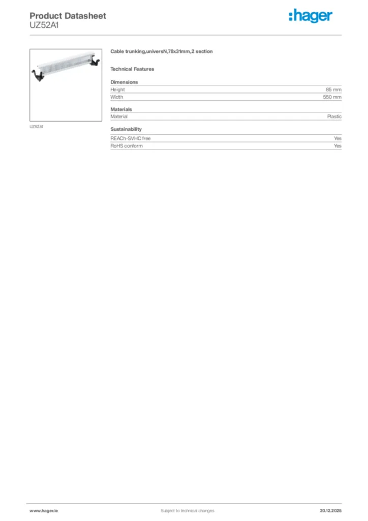 Image Hager Product data sheet UZ52A1  | Hager