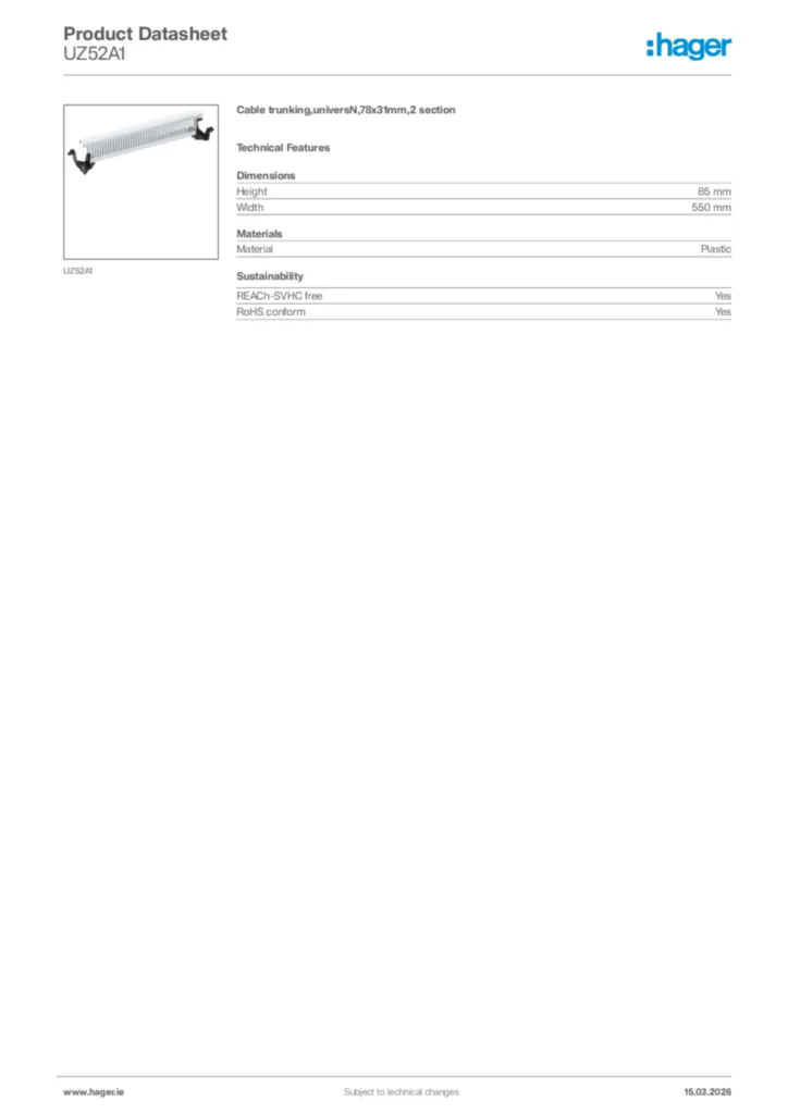 Image Hager Product data sheet UZ52A1  | Hager