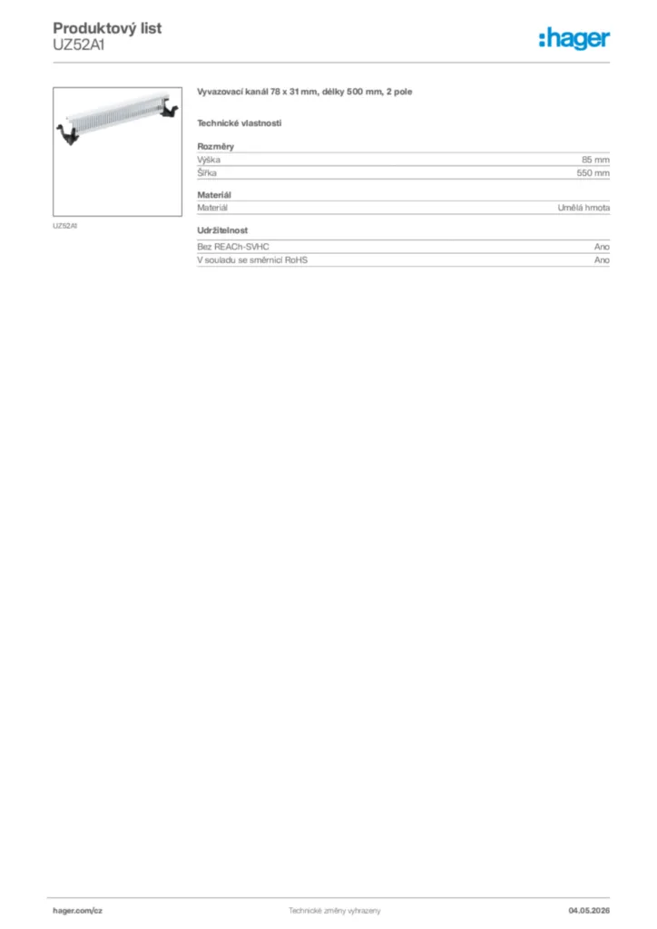 Obrázek Hager Product data sheet UZ52A1 | Hager