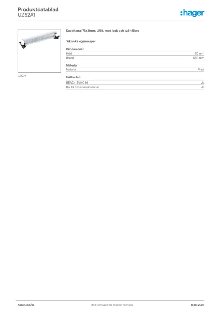 Bild Hager Produktdatablad UZ52A1 | Hager Sverige