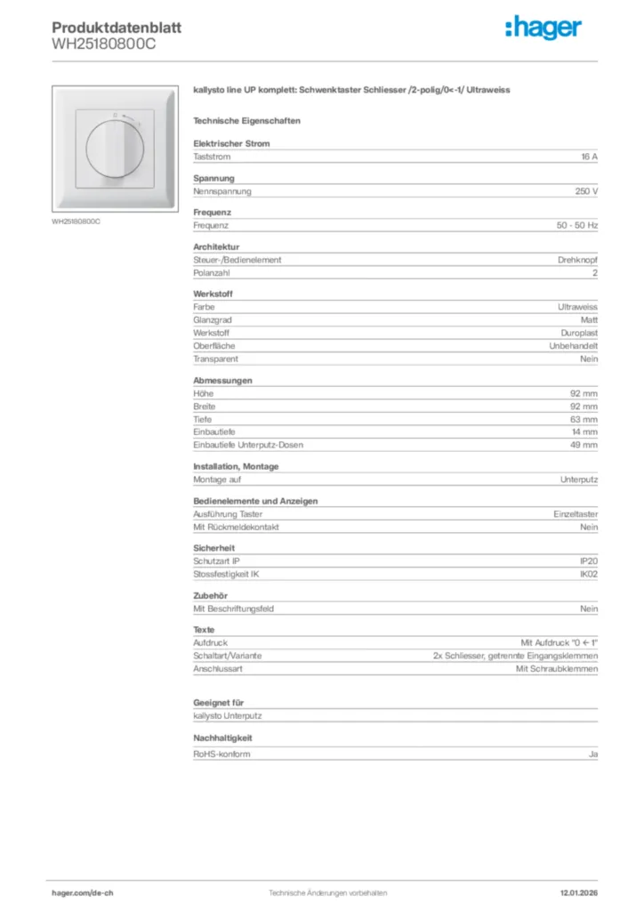Bild Hager Produktdatenblatt WH25180800C | Hager Schweiz
